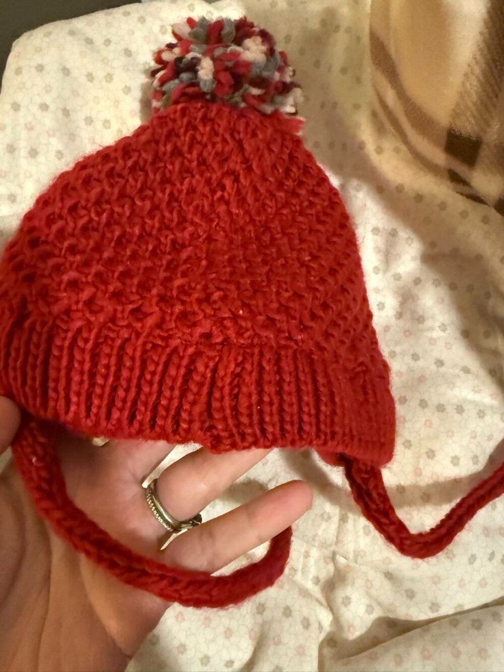 Zara Baby Knit Hat 12M Red Pom Pom Earflaps Fleece Lined